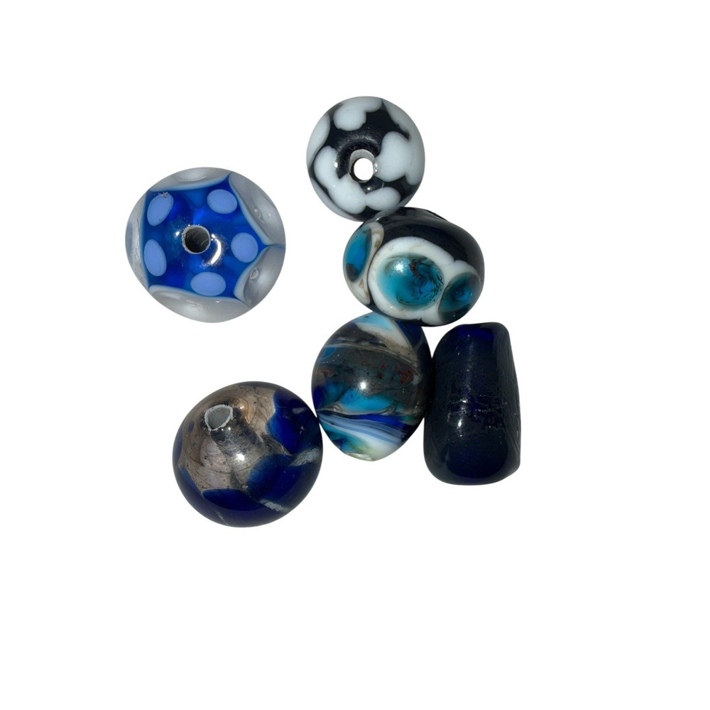 6 Handmade Art Glass Lampwork Beads Blue Black White Large Hole Mixed Lot